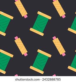 Seamless pattern with spools of thread. Vector illustration of sewing elements.