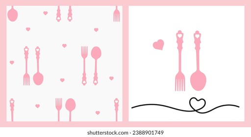 Seamless pattern with spoon, fork and heart on white background. Valentine's day sign symbol with pink heart, fork, spoon and heart line vector.