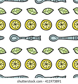 Seamless pattern with spoon, lemon and tea leafs on white background. Vector illustration