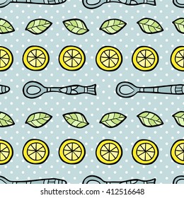 Seamless pattern with spoon, lemon and tea leafs on blue dotted background. Vector illustration