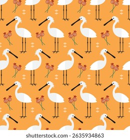 nahtloses Muster Löffel Vogel Tier auf orangefarbenem Hintergrund Vektor Tapete Textil Geschenkverpackung