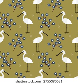 seamless pattern spoonbill bird animal branch flower on green background vector wallpaper textile giftwrap fabric