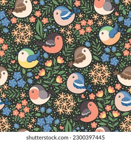 Seamless pattern, spoonflower style. Different spring birds on flower background. Vector illustration.