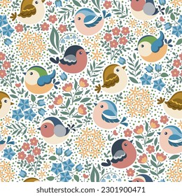 Seamless pattern, spoonflower style. Different spring birds on flower background. Vector illustration.