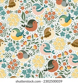 Patrón sin foco, estilo flor de cuchara. Diferentes aves primaverales sobre el fondo floral. Ilustración vectorial.