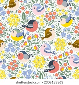 Seamless pattern, spoonflower style. Different spring birds on flower background. Vector illustration.