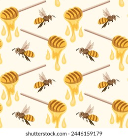 Seamless pattern, spoons with honey, honeycombs and bees. Background, print, vector