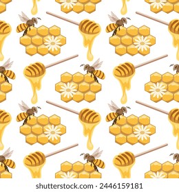 Seamless pattern, spoons with honey, honeycombs and bees. Background, print, vector