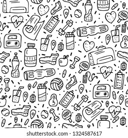 Seamless pattern of sport activities tools, symbols in doodle style. Fitness vector background. 