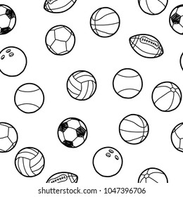 Seamless pattern sport ball set hand drawing doodle line style isolated on white background