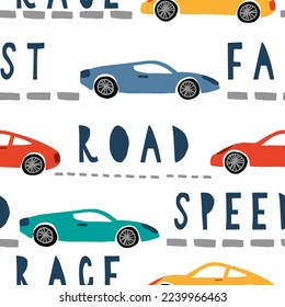 Seamless pattern with sport car. Background for textile, fabric, stationery, child, clothes and other design.