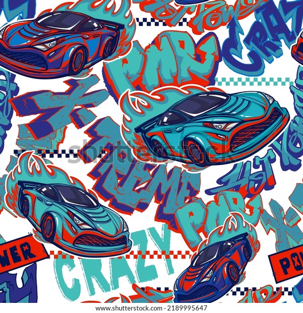 Seamless pattern with sport car and graffiti text.\
Modern speed automobile fire track and street art style words\
Extreme, power, crazy. Sporting vehicle endless ornament in blue\
and orange colors