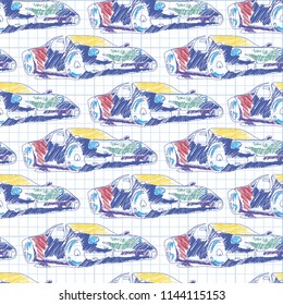 Seamless pattern with sport car. School pattern drawing in the notebook