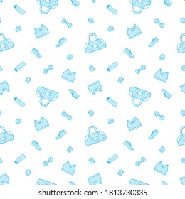 Seamless pattern with sport clothes and equipment. Simple vector background for fitness gym designs.