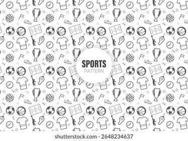 Seamless pattern with sport equipment. Black and white thin line icons.	
