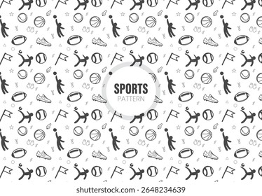 Seamless pattern with sport equipment. Black and white thin line icons	
