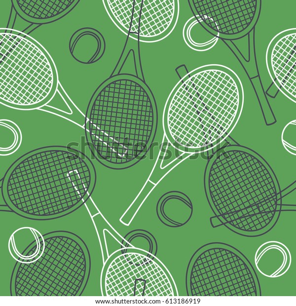 スポーツ用具とシームレスなパターン カラフルな背景のベクター画像 テニスのラケットとボールのアイコンを持つイラスト 印刷に適した装飾的な壁紙 のベクター画像素材 ロイヤリティフリー