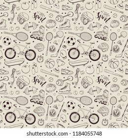 Seamless pattern from sport equipment in doodle style. Vector illustration. Hand drawn sport accessories on vintage background.