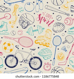 Seamless pattern from sport equipment in doodle style. Vector illustration. Hand drawn sport accessories on vintage background.