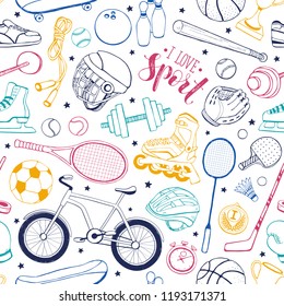 Seamless pattern from sport equipment in doodle style. Vector illustration. Hand drawn colorful sport accessories on white bakcground.