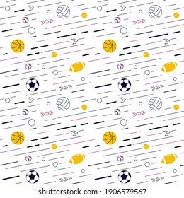Seamless pattern from sport equipment and dynamics lines. Sport accessories isolated on white background. Contemporary Flat Vector Illustration