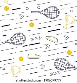 Seamless pattern from sport equipment and dynamics lines. Sport accessories isolated on white background. Contemporary Flat Vector Illustration