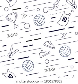 Seamless pattern from sport equipment and dynamics lines. Sport accessories isolated on white background. Contemporary Flat Vector Illustration