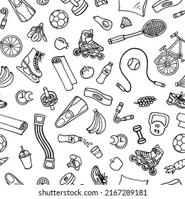 Seamless pattern with sport equipment, isolated on white. Doodle illustration with fitness and healthy lifestyle elements. Vector hand drawn background with sport icons.