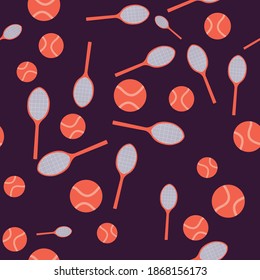 Seamless pattern with sport equipment. Sport theme seamless pattern of tennis rackets and balls. Colorful background vector. Illustration. Decorative wallpaper, good for printing