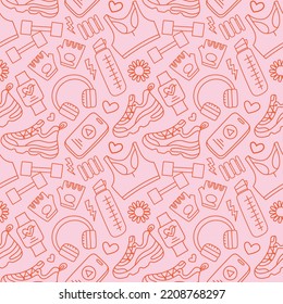 Seamless pattern of sport equipment for women, vector doodle ornament of running and fitness accessories icons, outline illustrations of sneakers, sports bra, bottle, vector pattern on pink background