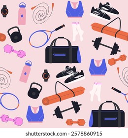 Seamless pattern with sport equipments. Workout accessory, yoga mat, sportswear, tennis racket and bag. Modern isolated vector illustration.