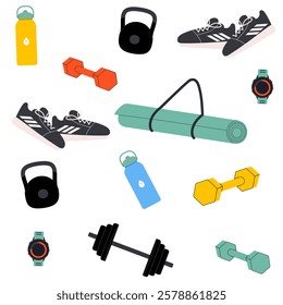 Seamless pattern with sport equipments. Workout accessory, yoga mat, sportswear and bag. Modern isolated vector illustration.