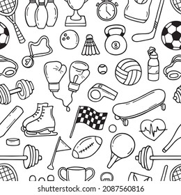 Seamless pattern of sport and fitness equipment in doodle style with ball, tennis racket, medal, dumbbell, cup, gloves .  White seamless background. Hand drawn vector illustration.