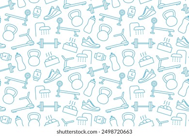 nahtloses Muster mit Sport-, Fitness-, Fitness-Symbole: Wasserflasche, Laufband, Hantelbank, Langhantel, Hantel, Uhr, Lautsprecher, Dusche, Sauna, Kettlebell, Vektorgrafik
