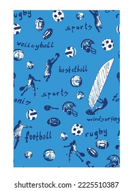 Seamless pattern for sport. Hand drawn sports print, typography slogan. Print design for t-shirts. Sports background with text and ball for a boy. Sketch, grunge style