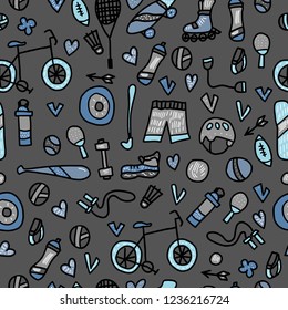 Seamless pattern of sport. Healthy lifestyle tools, activities symbols in doodle style. Fitness vector endless background.