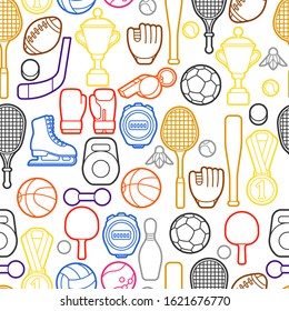 Seamless pattern with sport icons. Stylized athletic equipment illustration.