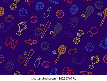 Seamless pattern with sport icons. Stylized athletic equipment illustration.