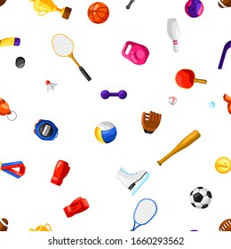 Seamless Pattern With Sport Icons. Stylized Athletic Equipment Illustration.