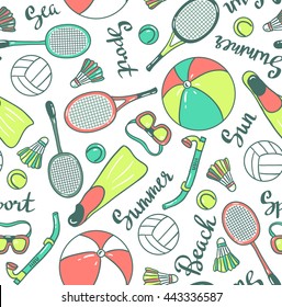 Seamless pattern with sport icons - volleyball, diving, badminton and tennis. Vector fabric design.