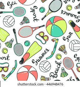 Seamless pattern with sport icons - volleyball, diving, badminton and tennis. Vector fabric design.