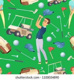 Seamless pattern with sport illustrations at golf theme. Background with equipment for golfer vector