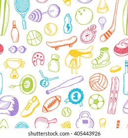 Seamless pattern with sport objects. Hand drawn vector illustration. Curling, tennis, skating, baseball, hockey, golf, football, basketball, volleyball, soccer, ping pong, surfing and other.