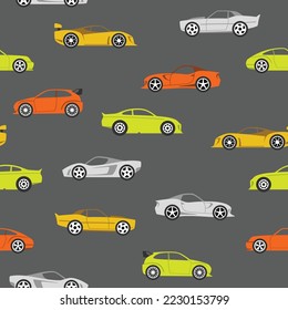 Seamless pattern with sport race cars. Endless fun cartoon children  background. Vector illustration.