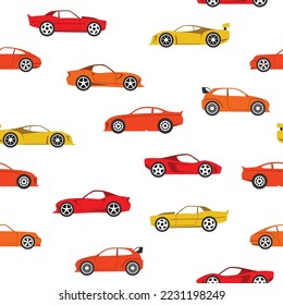 Seamless pattern with sport race cars. Endless fun cartoon children  background. Vector illustration.