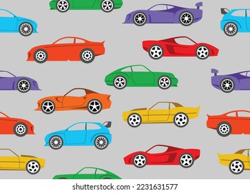 Seamless pattern with sport race cars. Endless fun cartoon children  background. Vector illustration.