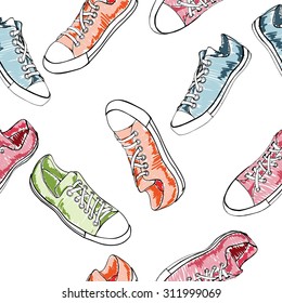 Seamless pattern with sport shoes or sneakers icons in different views. Sketch. Footwear   street style. Vector illustration.