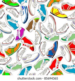 Seamless pattern with sport shoes, snikers on white background