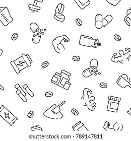 Seamless pattern with Sport Supplements, black and white icons