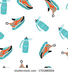 Patrón sin inconvenientes con botellas de agua deportiva y zapatillas. Concepto imprimible para textura y fondo. Ilustración del vector